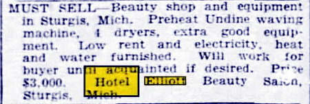 Hotel Elliott - March 1946 Hotel Beauty Shop For Sale (newer photo)